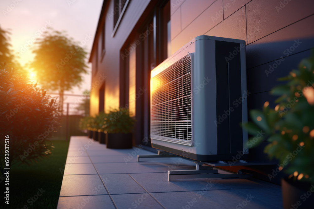Poster an image of a large air conditioner sitting on the side of a building. this picture can be used to i