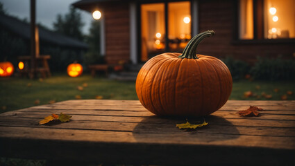 In the evening, a pumpkin lies on a wooden table in the yard. generative AI