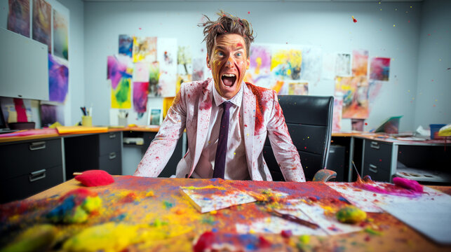 Man screaming sitting at an office desk full of paint splashes. 