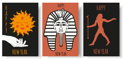 Egypt New Year 2024 greeting card design. Holiday poster template with Pharaon mask on black background. Vector illustration can used web pages banner, social media poster. Celebration brochure