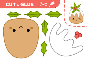 Christmas cake with holly. Cut and glue. Kawaii cake. Squishmallow. Applique. Paper game. Vector
