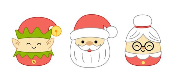 Santa Claus, mrs Claus, elf. Squishmallow. Pillow. Cartoon, kawaii, vector