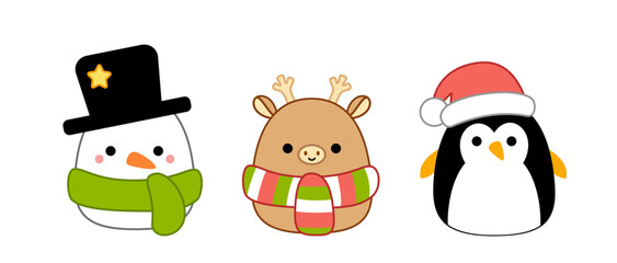 Snowman, deer in scarf, penguin in christmas hat. Squishmallow. Pillow. Cartoon, kawaii, vector