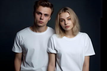 Two hipster models man and woman wearing blank t-shirt, posing against white wall, front tshirt mockup for couple