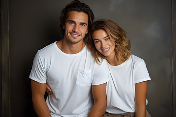 Two hipster models man and woman wearing blank t-shirt, posing against white wall, front tshirt mockup for couple - Powered by Adobe