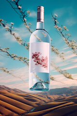 Bottle of white wine in the desert. Toned image.