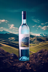 Bottle of white wine on a background of mountains. Toned.
