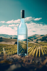 Bottle of white wine in vineyard in Tuscany, Italy