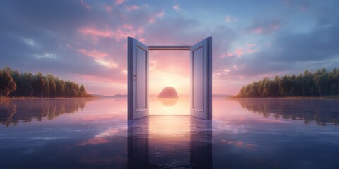 An open door leading into a serene lake at sunset. Perfect for conveying a sense of adventure, new beginnings, and opportunities. Ideal for travel, nature, and inspirational concepts