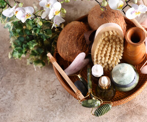 Guasha massage tools and aroma oils, spa concept
