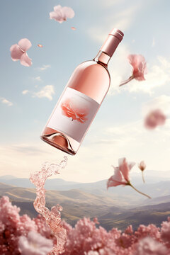 Bottle of rose wine with flying petals. 