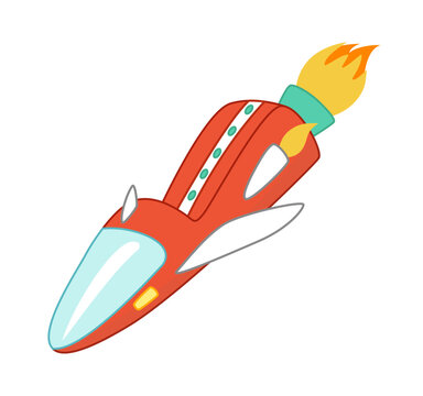 Interstellar space ship, red spaceship with turbine and fire. Cartoon, vector
