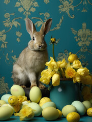 Bunny amidst eggs and daffodils. The concept illustrates Easter celebration.