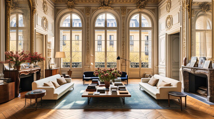 Classic Parisian Apartment Living Room with Ornate Moldings and Herringbone Wood Floors - obrazy, fototapety, plakaty