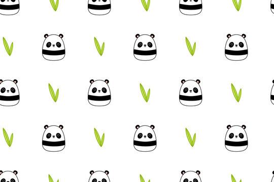 Kawaii Panda and bamboo on seamless pattern. Squishmallow. Background with panda. Kawaii, vector