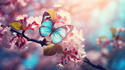 pink spring flowers and butterflies