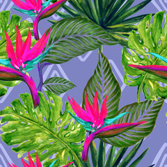Fototapeta na wymiar Summer colorful exotic jungle tropical floral plants pattern watercolors