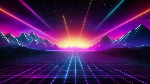 Synthwave tech synth wave background with glow neon colors and energy technology theme - Seamless loop animation, created using AI Generative Technology