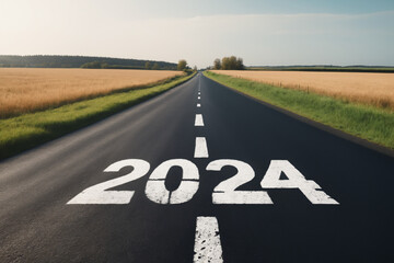 View of a landscape with a road running through it in the center reaching to the horizon. The writing 2024 on the asphalt - New Year and business concept