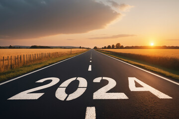 View of a landscape with a road running through it in the center reaching to the horizon. The writing 2024 on the asphalt - New Year and business concept - obrazy, fototapety, plakaty