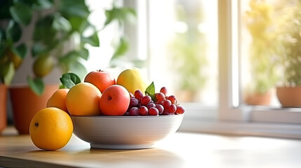 A bowl of fruit on the kitchen table by the window.