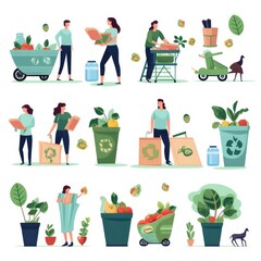 Sustainable lifestyle set. People are collecting plastic waste in the recycling bin while trying to save the planet earth and following a vegan diet. set of icons