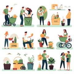 Sustainable lifestyle set. People are collecting plastic waste in the recycling bin while trying to save the planet earth and following a vegan diet. set of icons