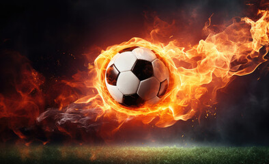 Naklejka premium Fast flying football ball on fire over football field on dark background, fire football