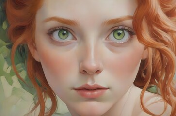 A portrait of a woman with red hair, green eyes and rosy cheeks. Generative AI