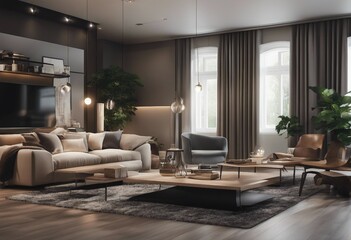 Naklejka na ściany i meble Interior of modern living room 3d rendering