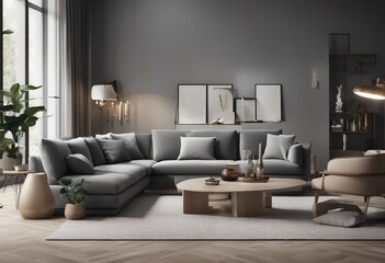 Interior of modern living room with grey sofa coffee tables and armchairs 3d rendering