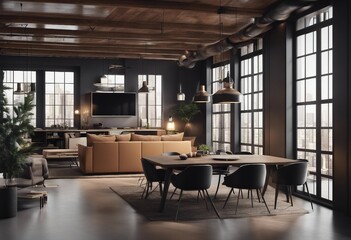 Fototapeta na wymiar Modern loft apartment interior panorama 3d render