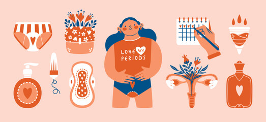 Woman during menstruation. Cartoon character. Clip arts with female pads, tampon, container, menstrual cup, panties, flowers, calendar, reproductive system, hygiene products. Love my periods. 
