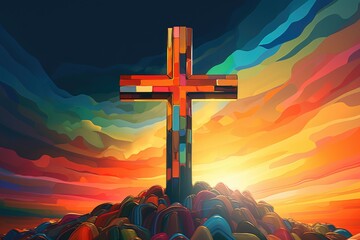 A painting of a cross on a hill of rocks. Can be used to symbolize faith, spirituality, or a place...