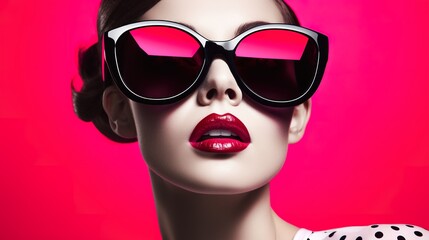 woman is wearing pink sunglasses, in the style of graphic black and white, vividly bold designs, light red and dark pink, retro pop art