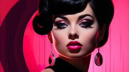 young beautiful woman with elegant earrings on pink background, in style of vintage and retro pop art
