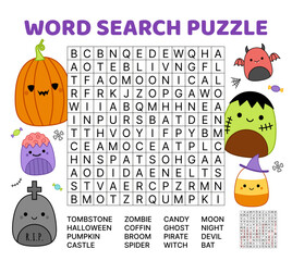Halloween. Word search game puzzle for kids. Squishmallow. English words. Cartoon, kawaii
