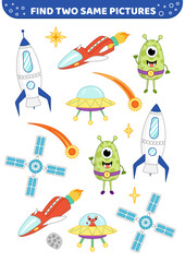 Fototapeta premium Space rocket, ufo, comet, ship. Find two same pictures. Game for children. Cartoon, vector