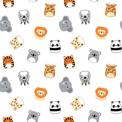 Tiger, koala, leopard, zebra, elephant, lion on seamless pattern. Squishmallow. Kawaii, vector