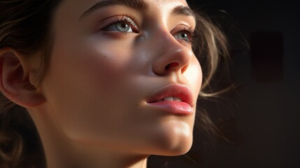 portrait of young innocent woman with perfect skin, beautiful female with natural make up