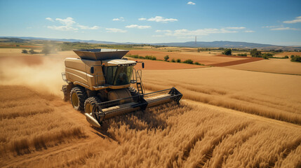 Fototapeta premium Modern combine harvester for wheat harvesting in the field, top view. harvesting concept, agriculture, agrocomplex.