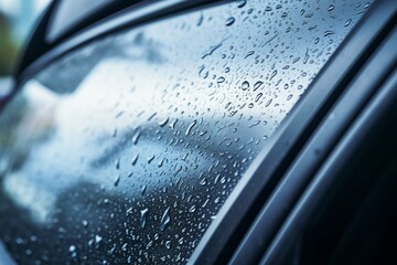 Clean car windshield with multiple water drops on after heavy rain and dew water repellent surface treatment