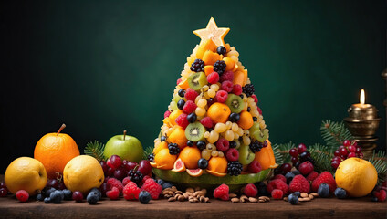 A Christmas tree made of natural healthy fruits on a festive New Year's table. Proper nutrition, health care, vegetarianism and veganism