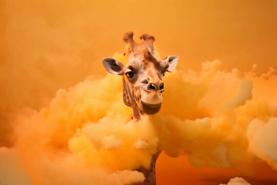 A giraffe cloud with its long neck stretching up on a soft yellow background. 
