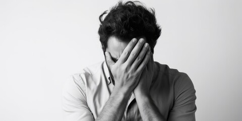A man with his face hidden behind his hands. Can be used to depict emotions such as sadness, despair, frustration, or stress. Suitable for illustrating mental health, anxiety, or personal struggles