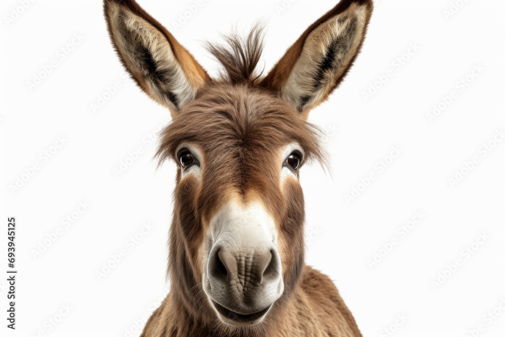 Poster A close-up view of a donkey's face on a white background. This image can be used in various contexts
