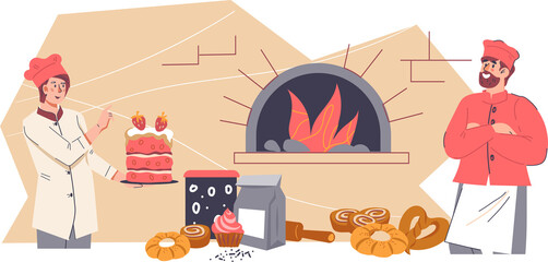 Welcome to bakery shop banner or flyer template with bakers present selection of freshly baked bread and pastries, flat hand drawn illustration.