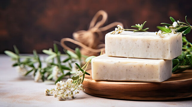 Natural handmade soap on an eco-style background, handmade with herbal ingredients with space for text. Hobby soap making, home made. 