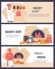Set of bakery and pastry shop banner or flyer templates with bakers present baked bread and pastries, flat vector illustration. Bakery and bread banners set. - obrazy, fototapety, plakaty