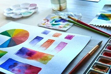 Artist's workplace. Art supplies brushes, paints, watercolors. Art studio. Drawing lessons. Creative workshop. Design place. Watercolor color wheel and palette. Color theory beginner hobby lessons